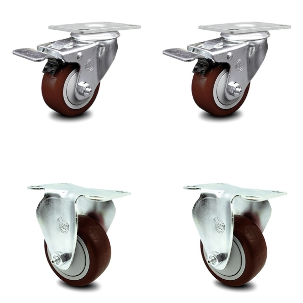 3 Inch Maroon Polyurethane Swivel Top Plate Caster Lock Brakes 2 Rigid SCC, 2PK